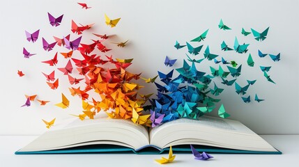 Open Book with Colorful Origami Butterflies Emerging Encompassing Rainbow Spectrum