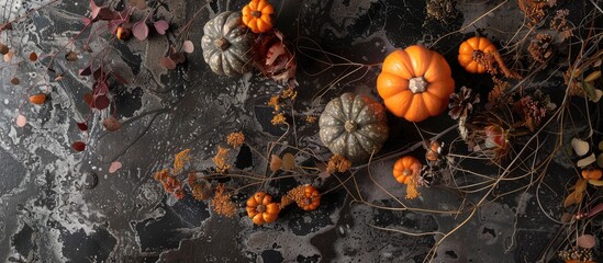 Autumn arrangement featuring decorative pumpkin Baby Boo variety on a dark stone backdrop, with modern lighting and flat lay styling.