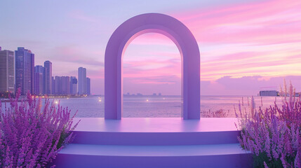 Wall Mural - Empty product podium along with lavender lilac arch, matte paint, whimsical, set against a twilight cityscape.