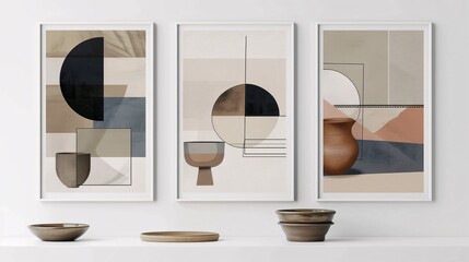 Fototapete - Three contemporary abstract art posters with minimalistic designs, arranged horizontally on a white wall. The designs feature basic geometric shapes in a neutral color scheme, creating a cohesive,