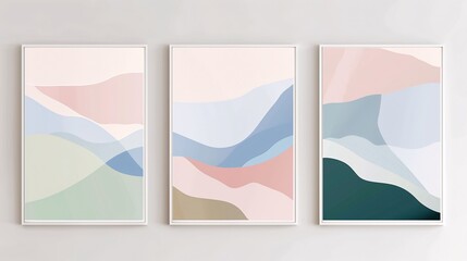 Fototapete - A trio of modern abstract art posters with a minimalistic aesthetic, mounted on a white wall. Each poster features fluid, organic shapes in soft pastel tones of pink, blue, and green, offering a