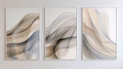 Aufkleber - Three elegant abstract art posters with minimalistic designs, mounted together on a white wall. The artwork features subtle gradients and flowing lines in shades of gray and beige, promoting a