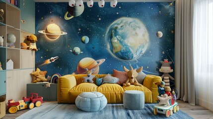 Wall Mural - Creative and bright eco-friendly children's room with space theme - fantasy wallpaper featuring planets, stars, and rockets on the wall of a baby room, perfect for inspiring imagination and adventure