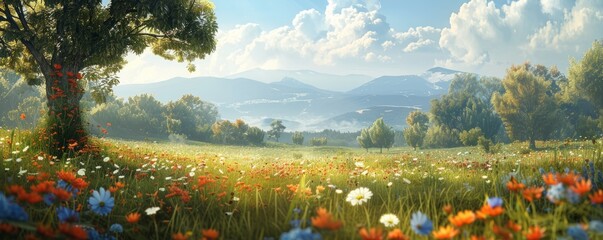 a tranquil meadow blanketed in wildflowers, with a gentle breeze rustling the grass and flowers.