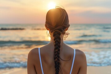 Woman with a braid enjoying a peaceful sunset by the ocean, reflecting and relaxing on the beach, with the sun glowing on the horizon.