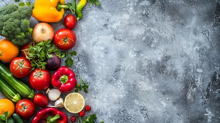 Canvas Print - Fresh vegetables and fruits on a rustic grey background.