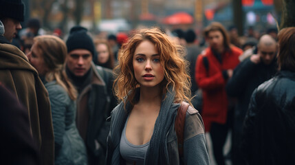 Beautiful sexy woman in a jacket standing in a middle of the crowd looking at the camera