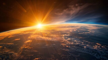 Wall Mural - sunlight ascending over earth in outer space - majestic view of solar rays illuminating planet earth