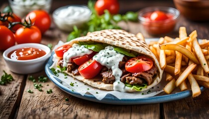 Wall Mural - Homemade Meat Gyro with Tzatziki Sauce, tomatos and French Fries
