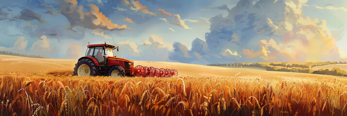 Illustration of Red tractor in a golden wheat field under a vibrant sky.  Autumn harvesting background. Agricultural landscape concept for design and print. 