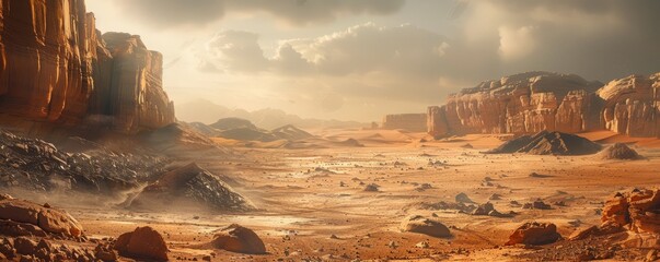 Wall Mural - a desolate alien planet, its barren landscape dotted with otherworldly rock formations.