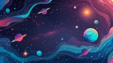 Wall Mural - vector flat space design background featuring small elements including stars, planets, asteroids, an