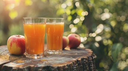 Fresh apple juice in two glasses with fruit on wooden stump outside with green background