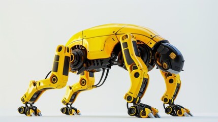 Poster - A yellow robotic dog with a black head and black accents stands on a white background. The robot dog is in a crouched position, ready to move