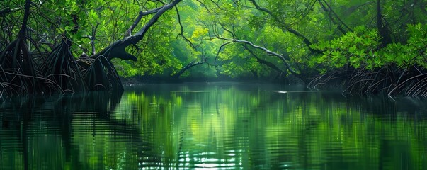 Canvas Print - A tranquil mangrove forest teeming with life, with tangled roots and vibrant green foliage reflected in calm waters.