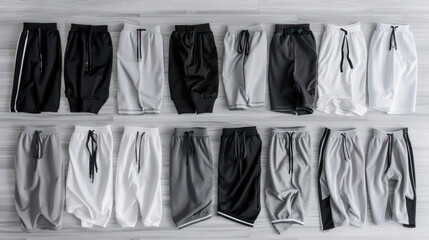 Grey and black sports shorts in various designs for men. Casual men's shorts in a variety of styles. Minimalistic clothing concept on a white and black background.