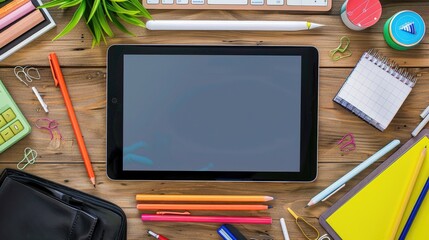 Poster - Blank tablet screen with office supplies