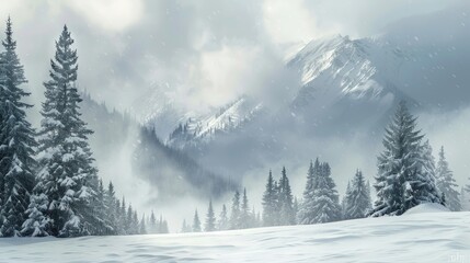 Poster - Facing a snowstorm in a mountain scene with fir trees on snow filled field severe winter weather brings fog and clouds to the far off valley