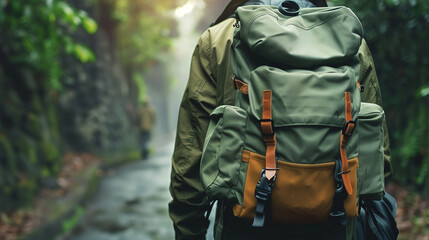 Wall Mural - Person carrying a green backpack in a forest trail