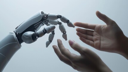 Poster - A robotic hand, crafted with intricate detail, extends towards a human hand in a symbolic gesture of interaction and collaboration