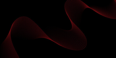 Wall Mural - Abstract smooth red wavy line on a black background. Black background with wave design. Abstract background with red geometric wavy glowing lines.  Futuristic digital high-technology banner. Vector 