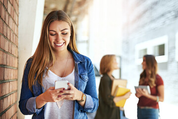 Aufkleber - Student, girl and online with smartphone on university for e learning application, digital literacy and higher education. Female learner, happy and internet for academic registration and scholarship.