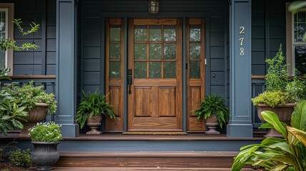 charming wooden front door adorned with greenery and plants