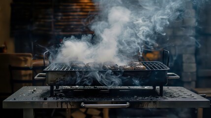 Wall Mural - smoke rising from a bbq grill in a beautiful outdoor setting. Generative AI