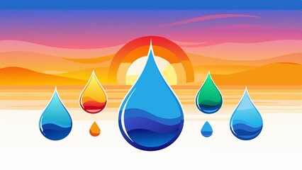 Wall Mural - stunning image of set of colorful water droplets isolated on white background against warm and gentle sunset backdrop., droplets, sunset, water, white background