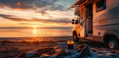 Wall Mural - Car on the beach with mug and blanket at sunset, campervan life concept for summer