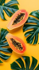 Wall Mural - Sliced papaya with monstera leaves on yellow background, tropical fruit concept