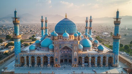 Drone view of the iconic Blue Mosque in Mazar-i-Sharif, Afghanistan