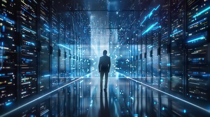 Poster - Businessman with virtual cyber security technology and online data protection for security of data storage used by global business network server to secure cyber information.