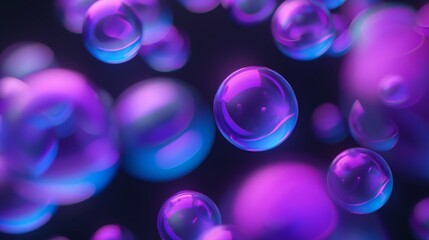 Wall Mural - A bunch of purple and blue spheres are floating in the air. The spheres are all different sizes and are scattered throughout the image. Scene is one of playfulness and whimsy