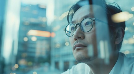Wall Mural - A closeup shot of an Asian man wearing glasses, looking out the window in contemplation and reflection during his work break at the office.