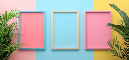 empty pastel pink blue yellow three poster frames hanging on wall studio room with palm leaves , idea for picture mockup background