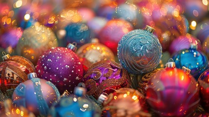 Wall Mural - Colorful christmas ornaments, photo. Generative AI