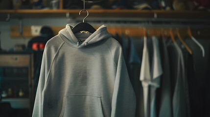 Grey Hoodie Hanging in a Closet