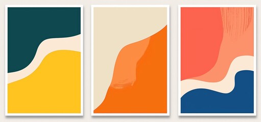 three wall art frame with boho abstract art illustration collection set, home decor minimal mock up idea	
