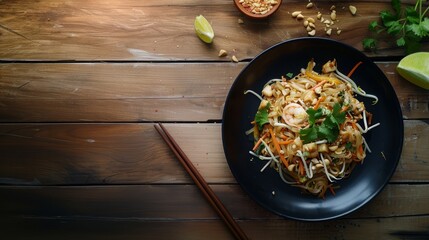 Wall Mural - Plate of Pad Thai garnished with shrimp