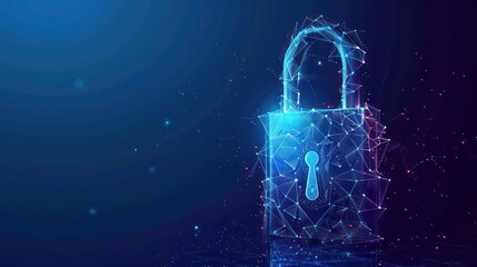 Poster - Cyber safety padlock on data mass. Internet security lock information privacy low poly polygonal future innovation technology network business concept blue vector illustration