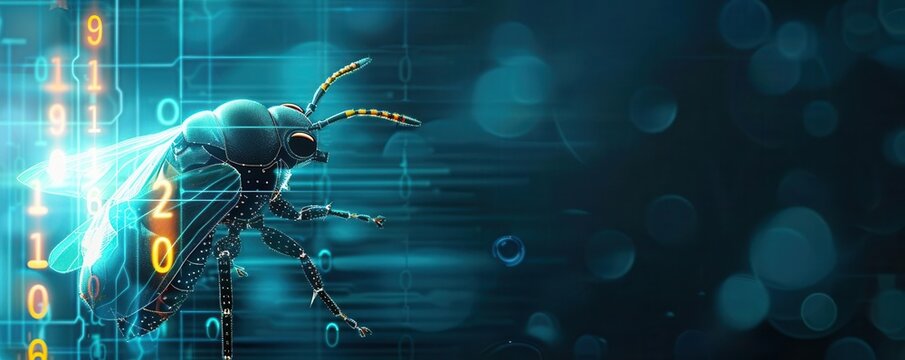 Mechanical insect, binary streams, dark hightech background, glowing aura