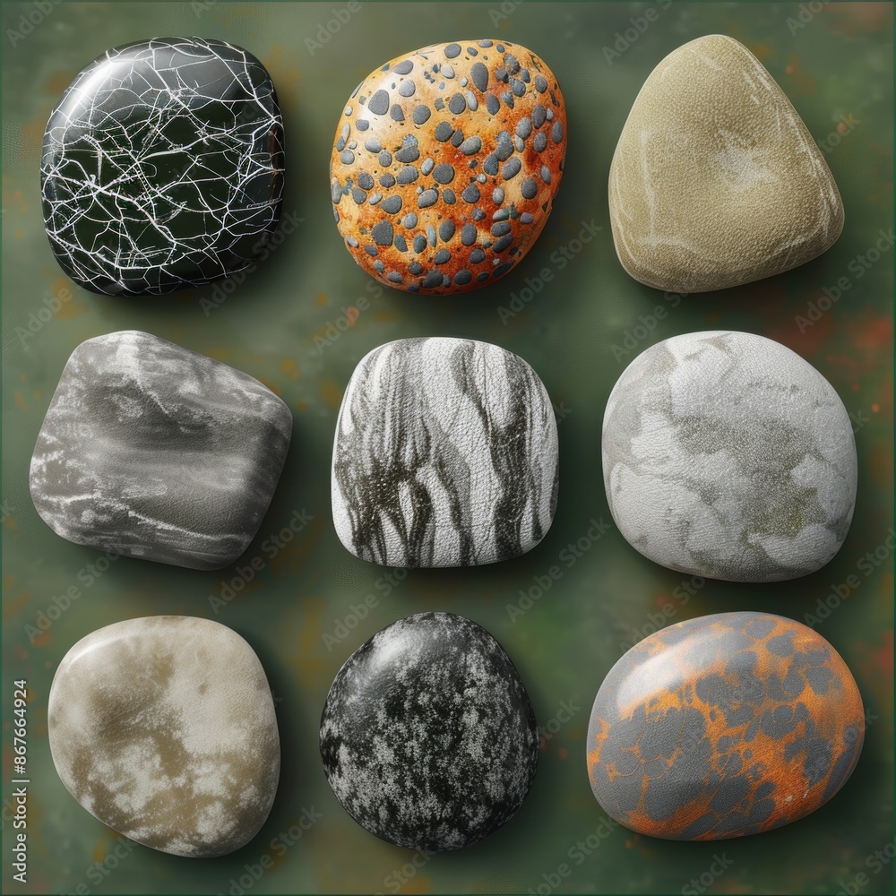 Pebbles Example 9 different types of pebbles on a green background in the hyper ...