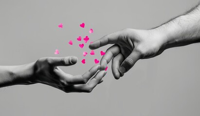 two hands reaching towards each other, with pink hearts floating between them on an isolated background.