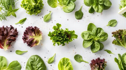 Poster - Variety of lettuce leaves arranged on a white background with space for text