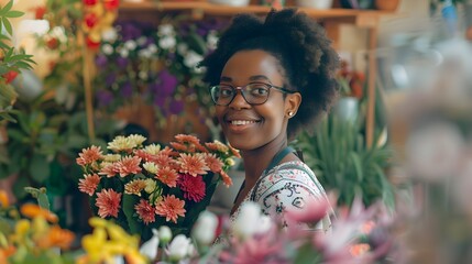 Wall Mural - Black woman, working in garden center, florist