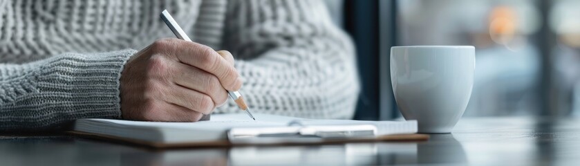 Poster - entrepreneur sketching business ideas in a notebook at a coffee shop