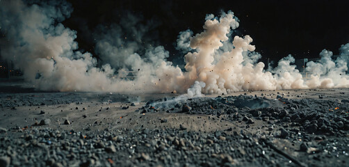 Wall Mural - Concrete floor with smoke or fog in dark room with spotlight. asphalt street, black background