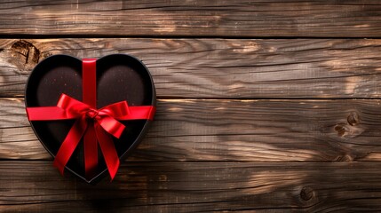 Wall Mural - Premium black gift box with red knot. Valentines present. Romantic idea. Copy space. Top view