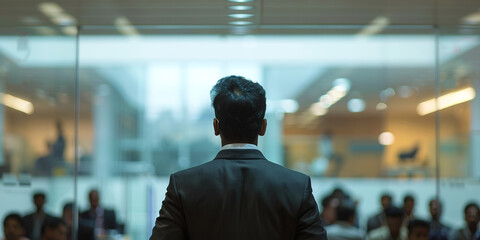  Serene office scene with an Indian man in a suit presenting to a blurred audience against a backdrop of glass wall partitions, depicting business formalities